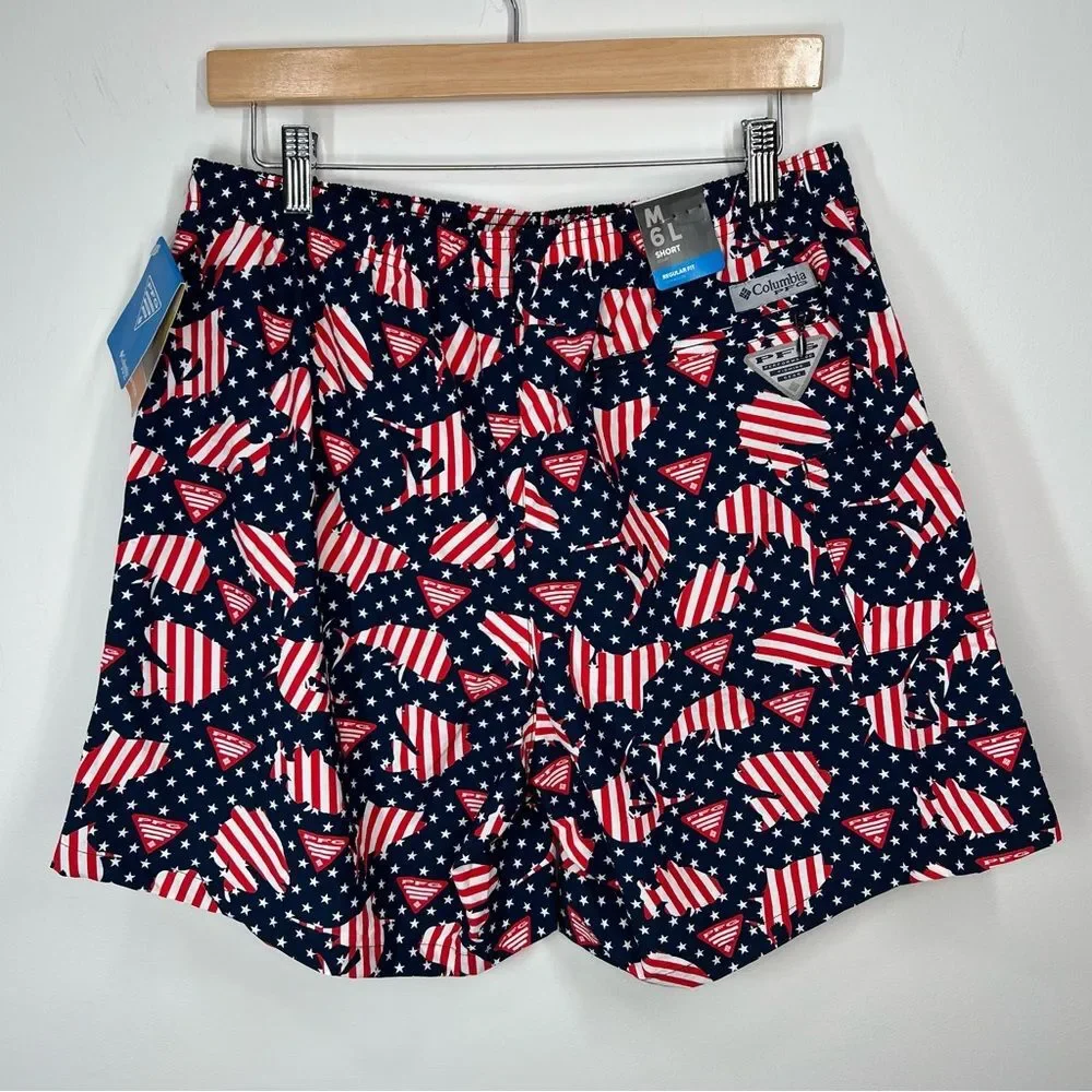 NWT Columbia PFG Clearwater Shores Patriotic Fish 6” Swim Trunks Shorts Medium